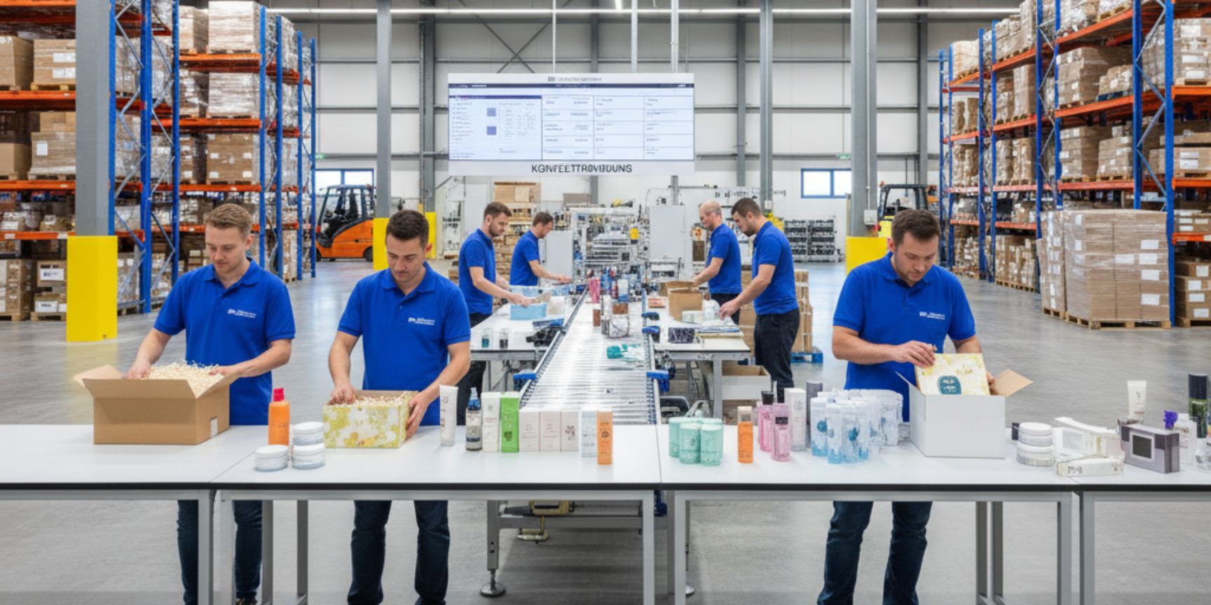 Mehrere Logistikmitarbeiter in blauen Poloshirts führen Konfektionierungsarbeiten an langen Tischen in einer modernen Lagerhalle durch, wobei sie Produkte verpacken und zu Sets zusammenstellen. Im Hintergrund sind hohe Regale mit gelagerten Waren und ein großer Bildschirm mit Prozessinformationen zu sehen.
